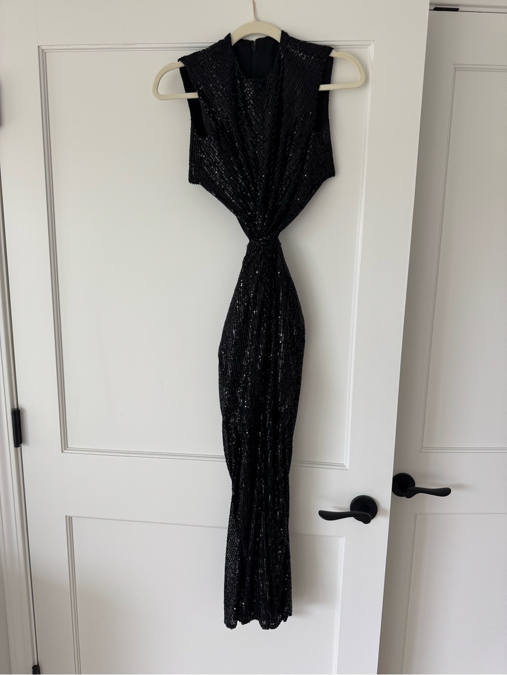 Mac Duggal Black Sequin Twist-Front Maxi Dress